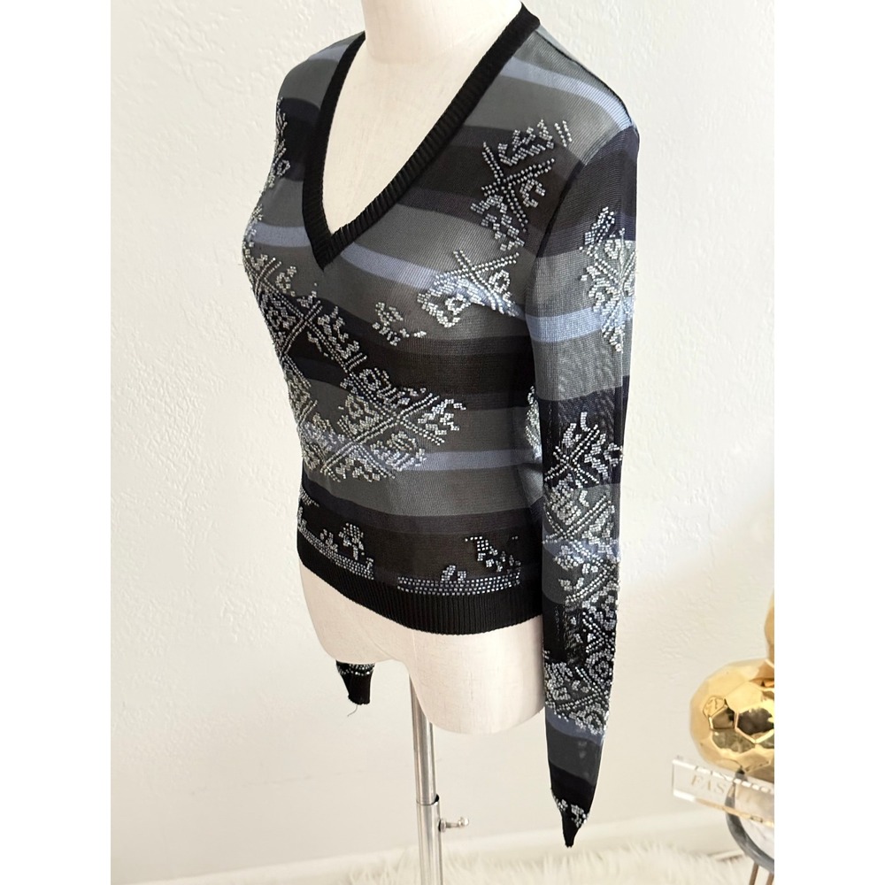 Christian Dior 2002 Galliano Beaded Metallic Knit Top 4 Grey Blue Archival Y2K